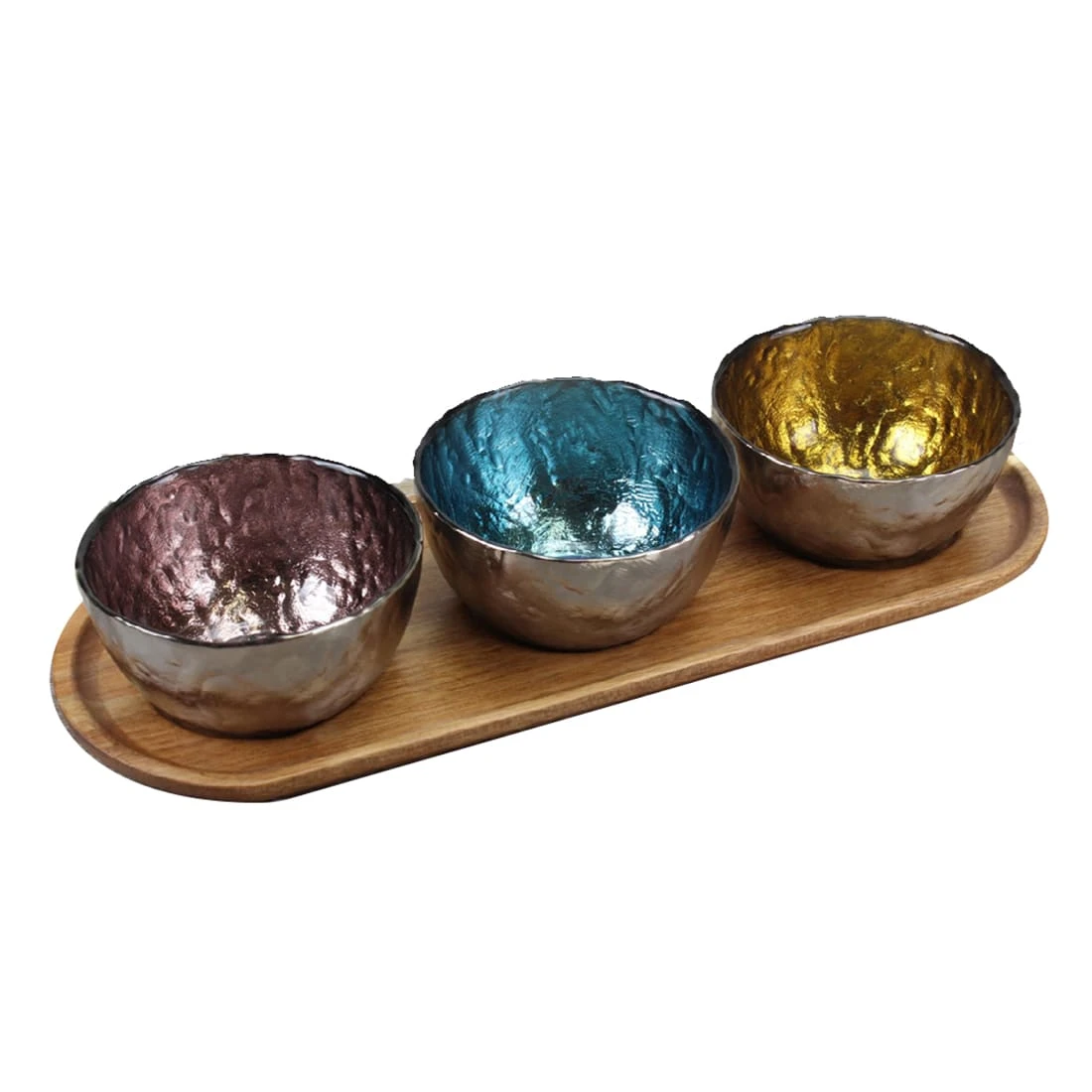 G.E.T. WB-012-SET Three Colored Glass Bowls With Wood Tray 1 G.E.T. WB-012-SET Three Colored Glass Bowls With Wood Tray